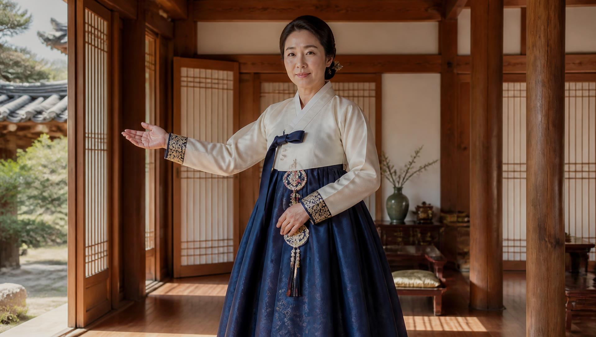 Korean Jongbu in hanbok welcoming guests inside a traditional hanok sarangchae